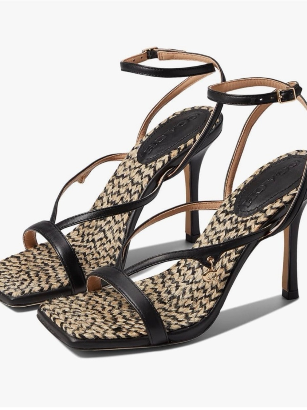 Coach Black Strappy High-Heel Sandals with Woven Natural-Inset Insole